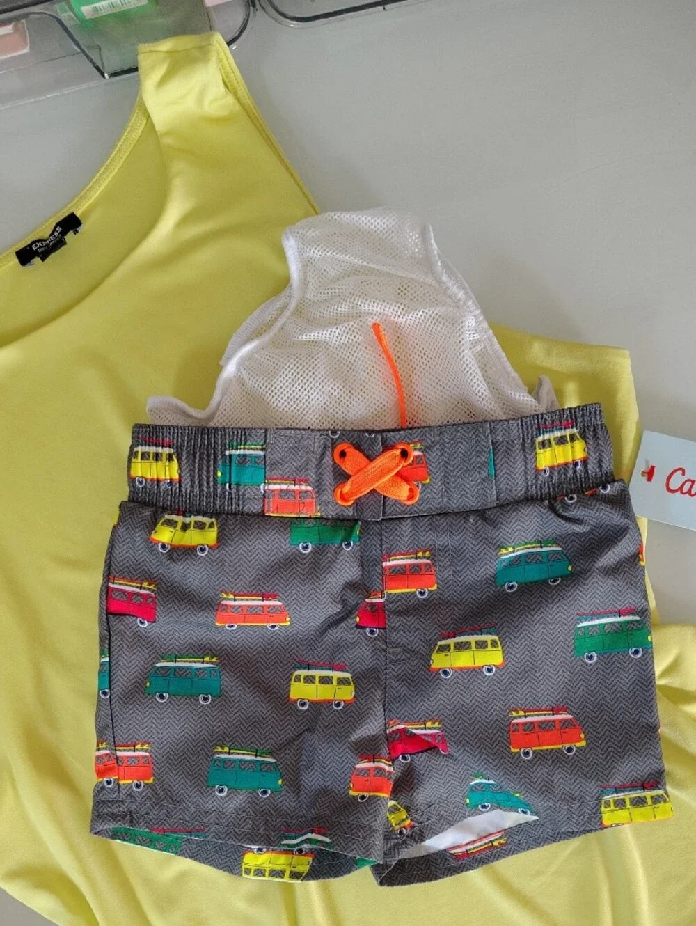 Cat & Jack Gray Swim Trunks with Multicolor Vans and Orange Drawstring